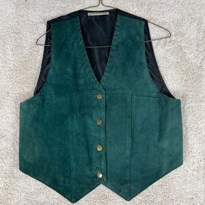 Green Suede Leather Vest Whipstitch V-Neck Vintage Western Style Midwest Traders